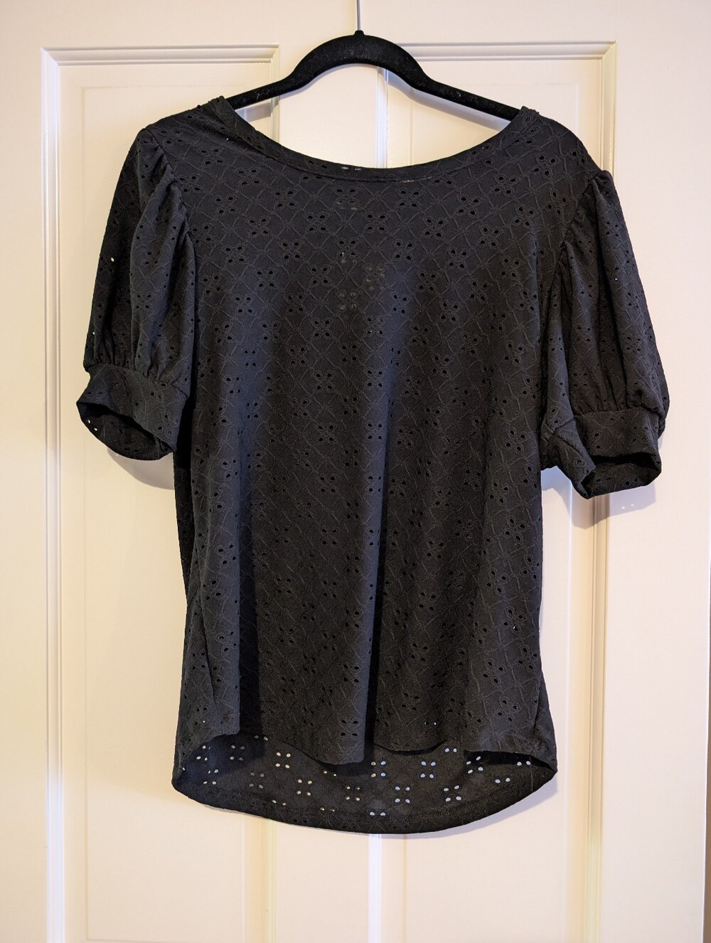 Women's Black Eyelet Puff-Sleeve Top